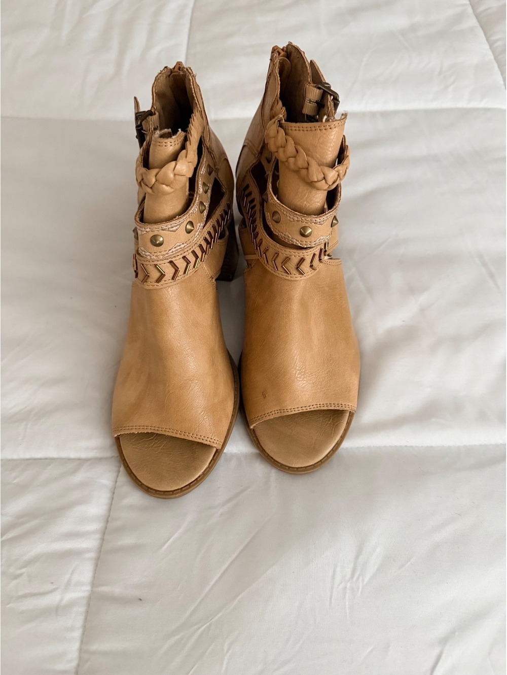 Tan Open Toe Ankle Boots with Braided and Studded Strap Accs